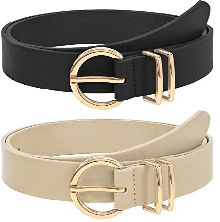 WHIPPY 2 Stücke Ledergürtel für Damen goldene Schnalle Leder gürtel für Jeans Hosen Kleid,120cm schwarz+beige