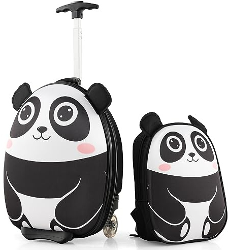 COSTWAY Valise Enfants à roulettes 16” et Sac à Dos 12” (Panda) | Ensemble de Bagages Enfant avec Poignée Rétractable 58-74CM, Bagage à Main avec Motif Mignon pour Voyage École 30x21x40CM