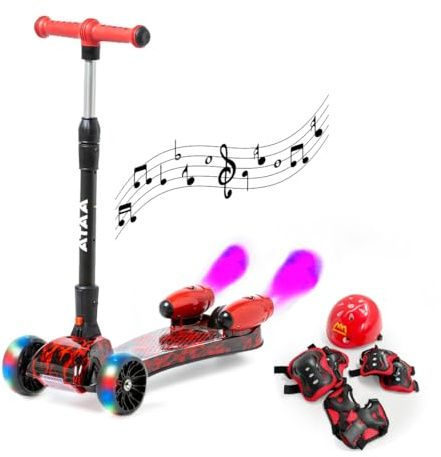 Patinete Infantil ATAA Shuttle Rojo con 3 Ruedas con Luces LED Efecto Humo Bluetooth y Set de protección con Manillar Ajustable y Plegable