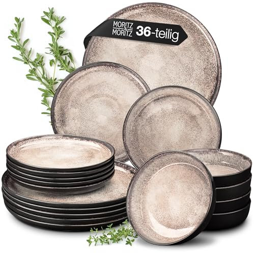 Moritz & Moritz VIDA Geschirrset 12 Personen Beige 36-tlg. - Modernes Porzellan Geschirr Set - Kratz-, Mikrowellen- & Spülmaschinenfest, Essgeschirr, Tafelservice, Kombiservice 12 Personen