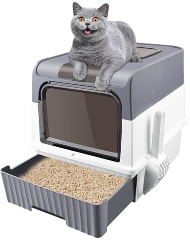 OHMG Arenero para gatos cerrado,Gran caja de arena plegable para gatos, con claraboya, bandeja extraíble y pala,Arenero para gatos con tapa