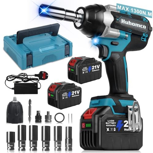 Huhomco Cordless Impact Wrench 1/2, 960 Ft-lbs (1300 N.m) 3800RPM High Torque Electric Impact Gun with 2 X 4000mAh Battery, Fast Charger & 6 Sockets, Power Impact Driver for Car and Home