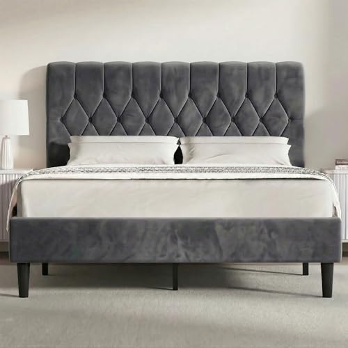 Blisswood King Size Bed Frame, Noise-Free Upholstered Platform Bed With Chesterfield Design Tufted Adjustable Headboard & Under Bed Storage,Velvet Fabric/Sturdy Wooden Slats Support (Dark Grey)