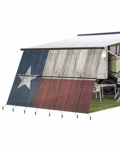 Huotupsine Western Texas Star RV Awning Sun Shade Screen 9' x 15'3, Retro Mesh RV Awning Shades Complete Kits, Blue White Red Wooden Sunlight Blocker Outdoor Canopy for Camping Trailer Motorhome