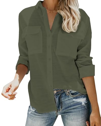 Friptspyg Mussola Camicetta Camicie Manica Lunga Donna Scollo A V 100% Cotone Camicia Top Top con Due Tasche, Verde Militare L