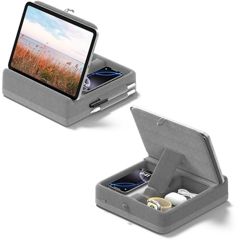 KDD Tabletkissen Halter mit Aufbewahrung, Faltbarer Ipad Ständer, Einstellbar Tablet Halterung Bett mit Stylus Halterung, Kompatibel mit iPad Pro, Air, Mini, Bücher, Telefon und Tablet 4-13, Grau