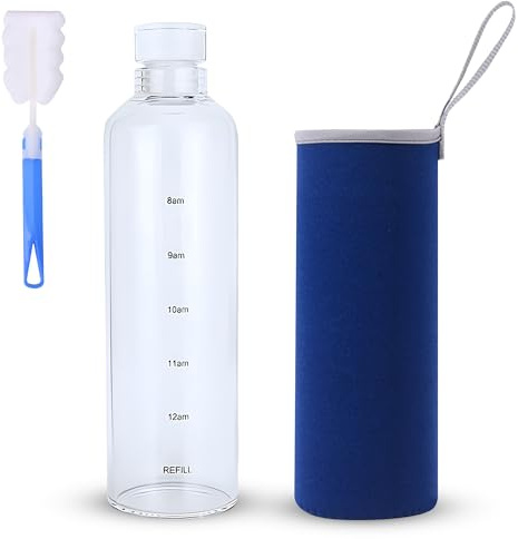 Genérico Botella de Cristal 500ml con Funda de Neopreno y Escobilla – Reutilizable, sin BPA, con Marcadores de Tiempo – Apta para Agua, Té y Café (Azul)