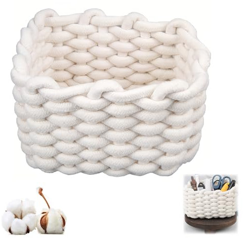 Aufbewahrungskorb aus Baumwolle, Weißes Geflochtenes Körbchen mit DickgarnGeflecht, Badezimmer-Organizer für Schreibtisch & Schminktisch Wickeltisch, Kosmetik, Desktop – Kleine Aufbewahrungsbox
