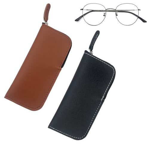 JEYORZY 2 Pièces Étui à lunettes Souple Cuir, Boîte à Lunettes Portables Avec Fermeture Éclair, Étui Lunettes de Lecture Pu Cuir Lunettes de Soleil Sac pour Hommes Femmes Enfants (Noir, Marron)