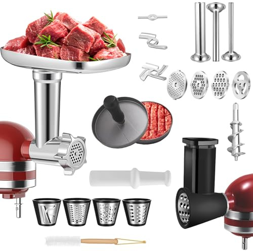 Tritacarne e affettatrice per frullatore KitchenAid, accessori Kitchenaid frullatore con 3 corni di salsiccia, 3 lame, 4 grattugia per formaggio, 4 dischi e pressa per hamburger