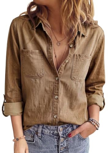 PASUDA Damskjorta i denim långärmad kragblusar ledig button-down jeansskjorta västerländsk vintage denimjacka tunika toppar med fickor lös passform