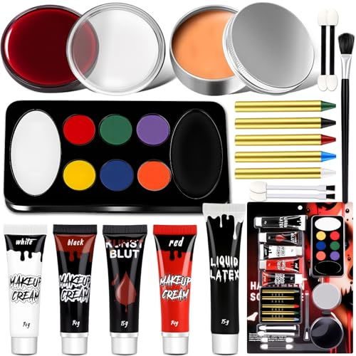 Maquillage Halloween pour Visage Enfant Adulte - avec Faux Sang, Latex Liquide Maquillage et Halloween Palette Maquillage, Crayon Maquillage Halloween Makeup pour Carnaval Cosplay Vampire Zombie