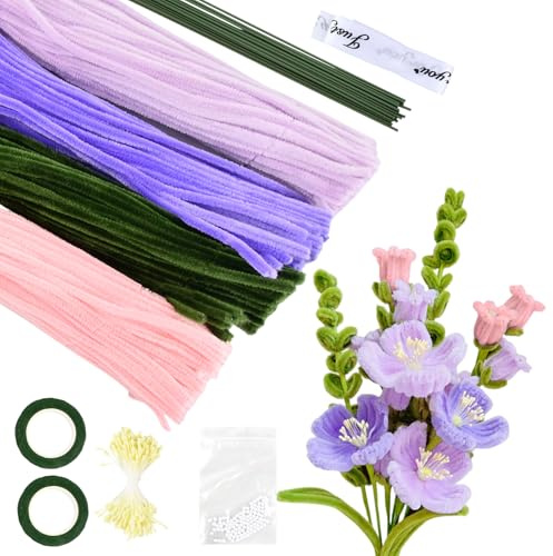 400 Pezzi Steli di Ciniglia Scovolini Colorati Bouquet di Tulipani per Lavoretti, Set di Fiori con Scovolini Decorativi per Fai Da Te Progetti Artistici Pipe Cleaner for Flower con Stami, Nastro