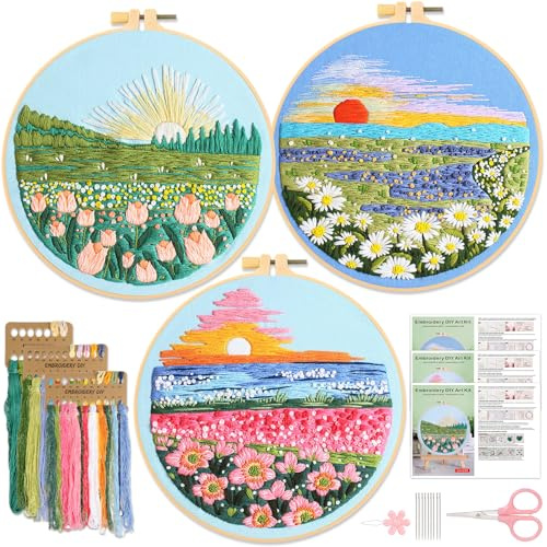 JSRQT Kits de Bordado Principiantes Inicio Floral 3 Piezas Punto Cruz Embroidery para Adulto Arte Completo Mano Cross Stitch Bricolaje Manualidades Herramienta Práctica Puntadas Starter Hilos Colores