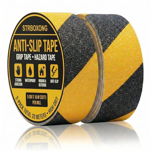 STRBOXONG 2 Rolls Anti Slip Tape, 50mm x 10m Black and Yellow Hazard Tape, High Friction Grip Tape for Stairs, Heavy Duty Non Slip Tape for Outdoor Decking, Ramps & Steps, Waterproof Safety Warning