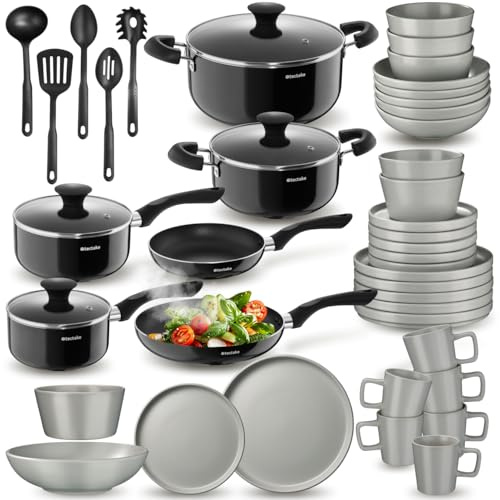 tectake®, Set cucina completo, 45 pezzi, set servizio piatti per 6 persone, moderni, 6 ciotole e tazze, 18 piatti eleganti, 2 pentole, casseruole, padelle antiaderenti, coperchi - Grigio/Nero