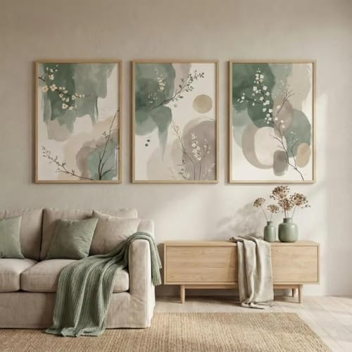 DFZEWKI Quadro da parete con piante giapponesi, foglie astratte, verde salvia, beige, decorazione zen moderna, su tela, per soggiorno e camera da letto (50x70 cm (20x28 pollici) x 3/Senza cornice)