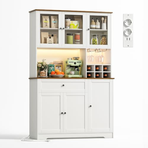 Wumagin Alacena de Cocina, Aparador Cocina con Multiprise y Luz LED, Mueble Auxiliar con Estantes Regulables, Almacenaje Multifuncional Alacena, Salón y Comedor, 40x100x180cm (Blanco)