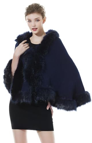BEAUTELICATE Capa de Abrigo Punto con Chal de Piel Sintética de Conejo Poncho Estola de Pelo Mujer Cardigan de Boda para Fiesta Invierno (Azul Marino)