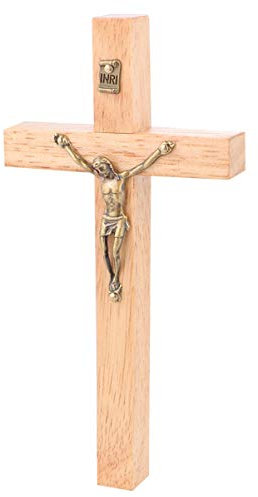 Garneck Bois Chrétien Mur Croix Mur Monté Art Artisanat Suspendu en Alliage de Zinc Jésus Croix Chrétien Cadeau Décoration Murale de La Maison (Couleur Du Bois)