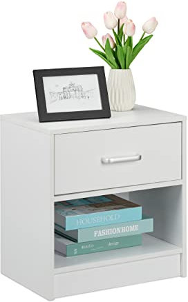 Relaxdays Noche, con Cajón, Compartimento Abierto, 41,5x39x31cm, Mesa Cama Dormitorio, Mesita Auxiliar, Blanca, Tablero de Fibras