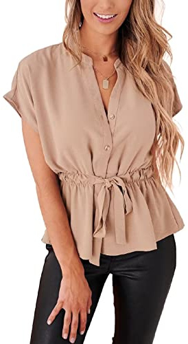 CiCiBird Womens Button Down Blouses Casual Peplum Summer Tops Dressy Chiffon Work Blouse Apricot L
