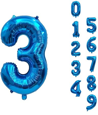 Trimming Shop 16 Pollici Palloncino Blu Piccolo Numero 3 in Lamina - Palloncini gonfiabili in lamina dal numero 0 al numero 9, riutilizzabili e riempibili ad aria, per decorazioni di compleanno