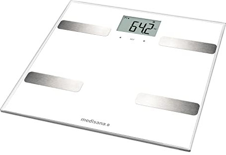 medisana BS A43 digitale Körperanalysewaage, Personenwaage mit praktischer App, Körperfettwaage, Messung von Körperfett, Körperwasser, Muskelmasse & Knochengewicht, Bis 180 kg, Weiß / Silber