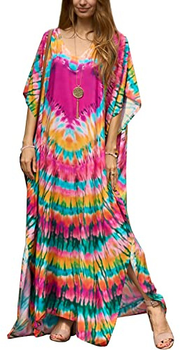 YouKD Bohemisk lång sommarkaftan för damer, etniskt mönster, maxiklänning, strand, bikini, skydd, solskydd