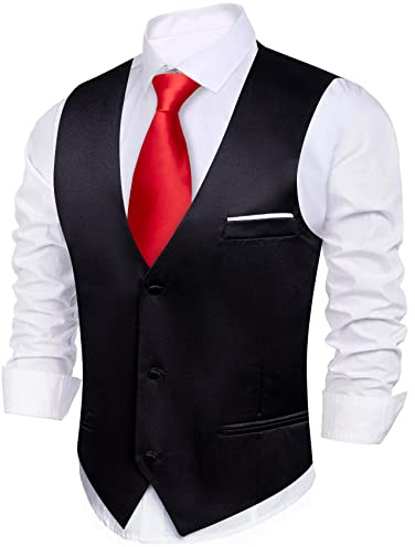 Barry.Wang Vest for Men Business/Leisure Dress Suit Vests V-neck 2 Pockets Wedding Party Tuxedo Satin Waistcoat Black S