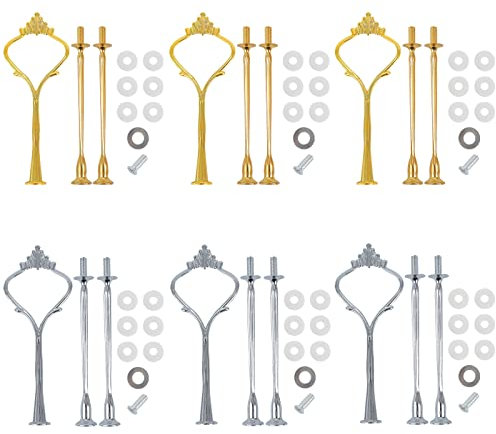 6 Set Etageren Stangen Set, Basicon Etagere Bausatz, Metallstangen Etagerenhalter Mittellochausstech 2 bis 3 stufig für Hochzeitstorte Tortenhalter Tortenständer Torten Etagere 3 etagen, Silber Gold