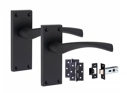 Golden Grace Victorian Scroll Astrid Door Handles Latch in Matt Black with 1 Pair of 3 Ball Bearing Hinges & Latches Pack, 1 Set - 120mm x 40mm Backplate