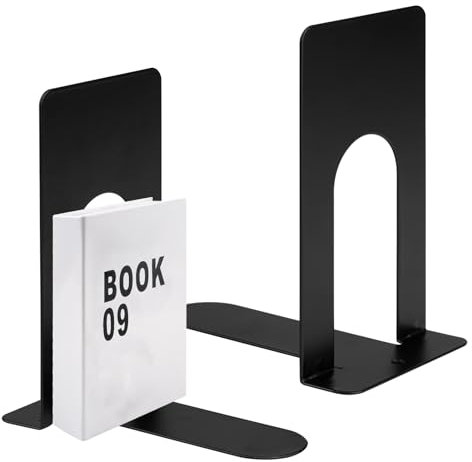 Buchstütze Metall, 2er Pack 80 x 70 x 130mm Buchstützen, Bücherhalter für Bücher, Magazine und DVDs Organzier, Schwarz Bücher Halterung Regal für Kinder, Schule, Bibliothek