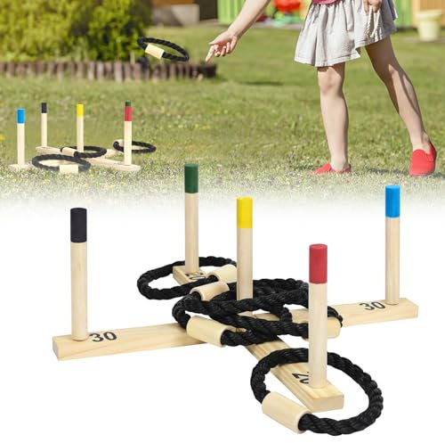 Aufun Ringwurfspiel aus Holz Wurfspiel Set mit 5 Wurfringe und 5 Spielstäben, Holzspiel Gartenspielzeug für Kinder & Erwachsener Indoor und Outdoor Spielspaß, Ring Wurfspiel Familienspiel