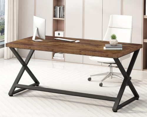 IBF Rustic Computer Desk, Farmhouse Home Office Desk, Industrial Wood Metal Work Desk for Writing Study, Vintage Minimalist Executive Workstation PC Gaming Table in Bedroom, Rustic Brown, 152 CM