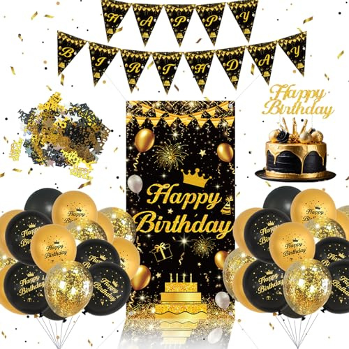 Ensemble de décorations d'anniversaire noires et dorées – Ballons noirs et dorés, bannière « Happy Birthday », décoration de gâteau pour homme et femme