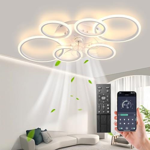 MiiR Ventilateur De Plafond LED Avec Éclairage 81W, Plafonnier Avec Ventilateur, 3 Températures De Couleur 6 Vitesses Ventilateur De Plafond Avec Lumière, Chambre À Coucher, Salon, Blanc 110cm