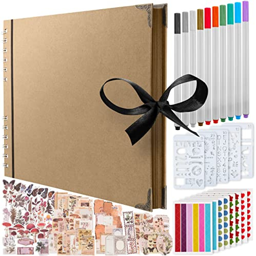 Bstorify Scrapbook Album, (198 PCS) - Brown 70 Pages 25.4 x 25.4 CM | 174 PCS Scrapbooking Paper, 10 PCS Marker Pens, 6 Sheets Stickers, 120 Photo Corners & 5 Stencils (25.4 x 25.4 CM, Brown)