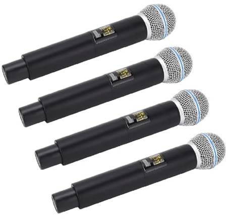 4 Microfoni Wireless Ricaricabili, Microfono Dinamico Portatile Senza Fili con Ricevitore, Portata 50 M, Porta da 6,35 Mm, per Feste di Canto Karaoke