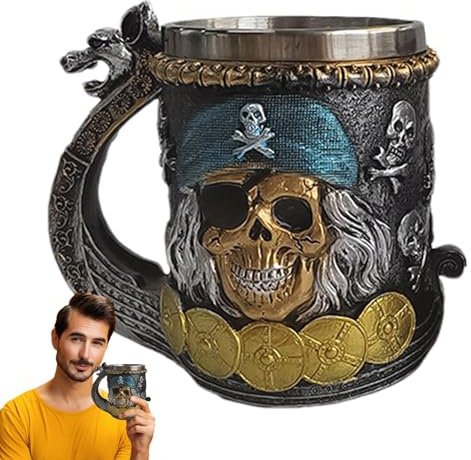 Lumiscent Beer Mug - Stainless Steel Beer Tankard | Coffee Mug with Handle | Pirate-Themed Funny & Unique Coffee Mugs | Beer Tankards for Men | Portable Coffee Cup for Family Friends Colleagues