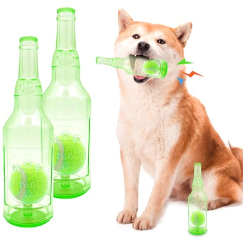 Cxqbsmy 2-Pack Squeaky Dog Chew Toys, Indestructible Dog Chew Toys, Plastic Bottle Toys for Dogs with Tennis Ball, Dogs Dental Care Teeth Cleaning Toy for Large and Small Dog (2 PCS Green, Small)