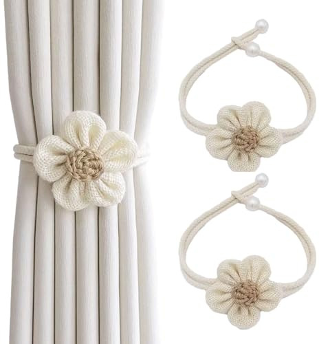 SanKristo 2 Unidades de Alzapaños Naturales para Cortina, Hebillas de Flores con Perlas Ajustables, Sin Agujeros, Lazos con Alfileres para Decoración del Hogar, Beige