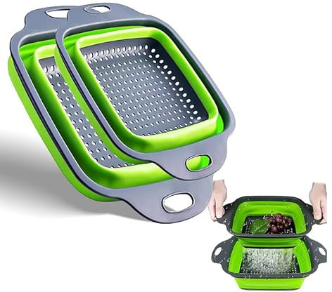 2 Pièces Passoire Cuisine Pliable avec Poignée, Égouttoir Compact en Silicone et PP, Panier à Laver Fruits et Légumes, Pour Camping et Cuisine Quotidienne