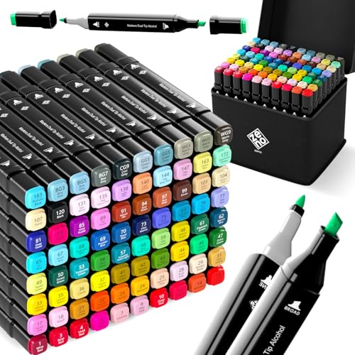 ZENO Set 80 Pennarelli ad Alcool Doppia Punta – Punta Pennello e Punta Fine, Pennarelli Professionali per Colorare Adulti, Disegno e Manga, con Astuccio Portatile