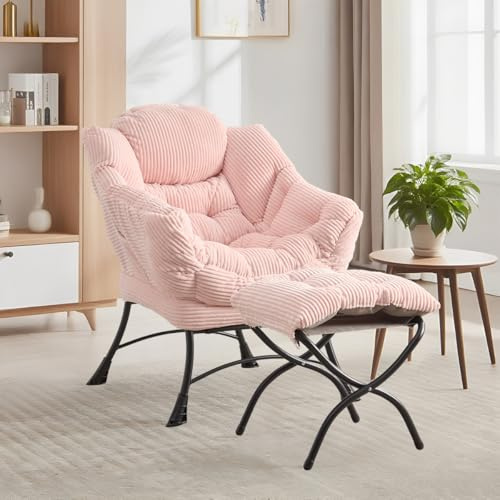LIFEISLE Ohrensessel mit Hocker, Lazy Chair mit Ottoman, Relaxsessel mit Armlehnen, Moderner Loungestuhl mit Fußstütze und Seitentasche im Wohnzimmer Lesesessel, Cord Pink Rosa