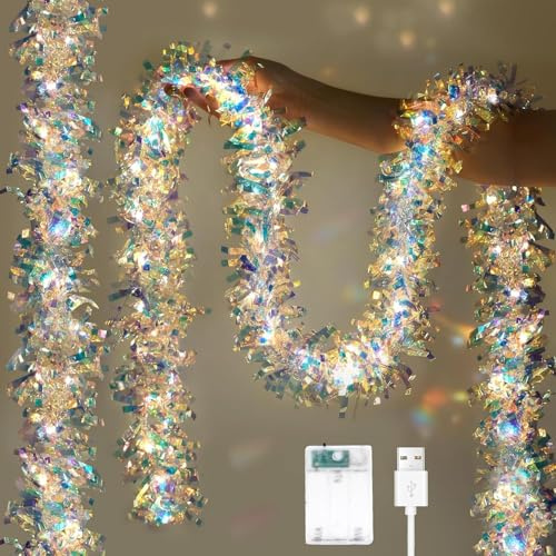 Christmas Tinsel Garland with Lights Iridescent Metallic Foil Garland 16.4FT USB & Battery Powered Shiny Streamers for Christmas Tree, Indoor Holiday New Year Party Decorations 2 Pack
