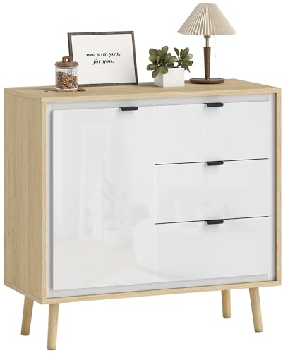 HOMCOM Aparador de 1 Puerta, Aparador de Salón Moderno con 3 Cajones, Estante Ajustable y Patas de Madera, para Cocina, Entrada, Dormitorio, 80x35x77 cm, Blanco Brillo y Roble