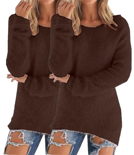 Suéter suave y cálido para mujer, juego de 2 unidades, jersey de lana térmico, camiseta larga de invierno, manga larga, forro polar, de peluche, elegante, marrón, XL