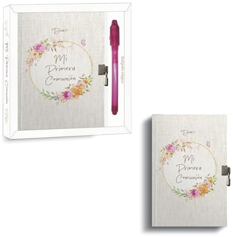 A ARGUVAL EDITORIAL Diario Mi Primera Comunión para Niña con Bolígrafo Mágico y Candado | 90 Páginas Decoradas | Caja de Regalo Transparente | Tinta Invisible con Luz UV | Recuerdo Especial y Seguro