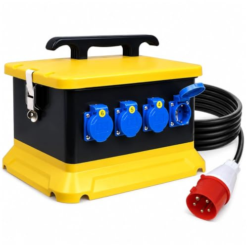 Cuadro de Distribución Eléctrica Industrial, Caja Electrica Resistente al Agua IP65 con Cable 3m para Montaje en Pared con 4 Tomas Schuko de 230V y 2 Tomas CEE de 16A 32A 5 Pines para Obras Talleres